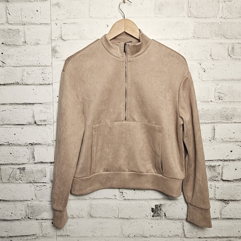Tahari Faux Suede Cropped Pullover Quarter Zip Beige Size Small